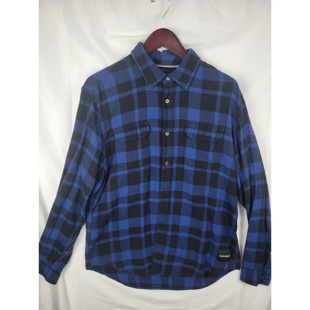 Calvin Klein‎ Jeans Mens L Blue Black Plaid Flannel Long Sleeve Shirt